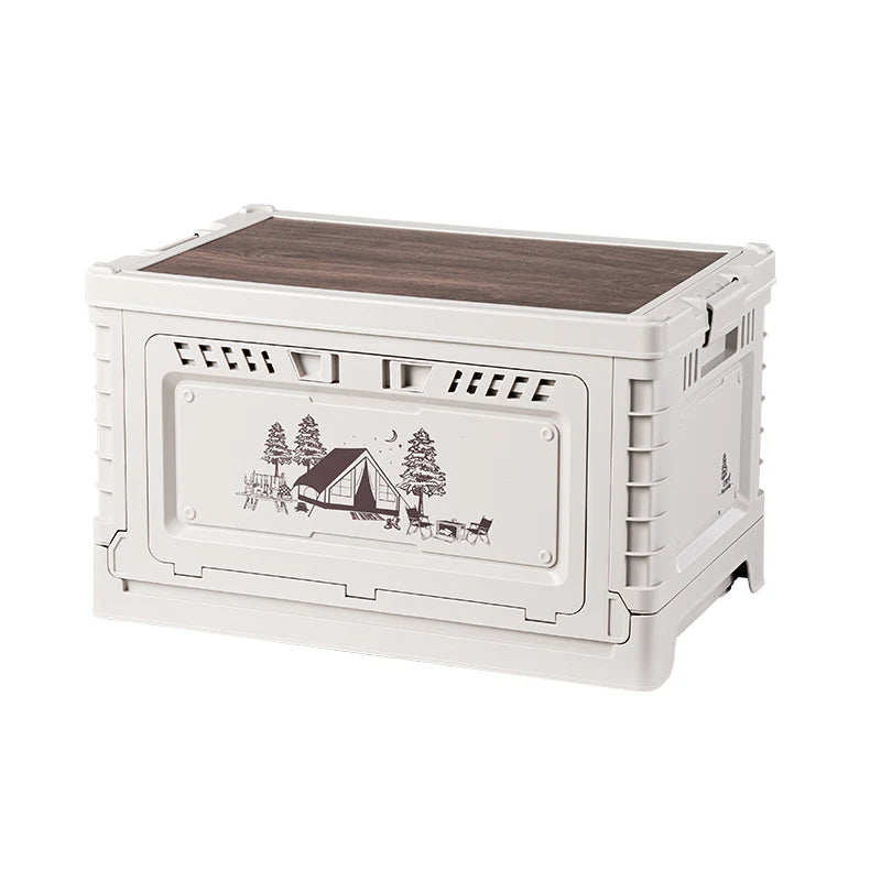 White pet crate with wooden top and camping design on a white background