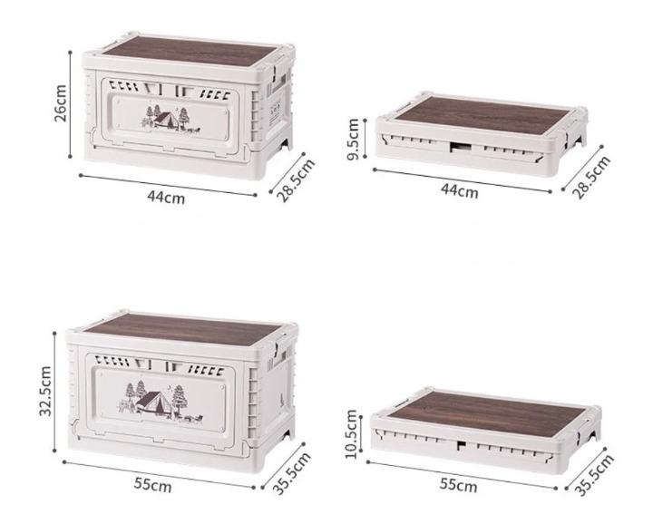 Dimensions of wooden storage boxes with illustrations on a white background