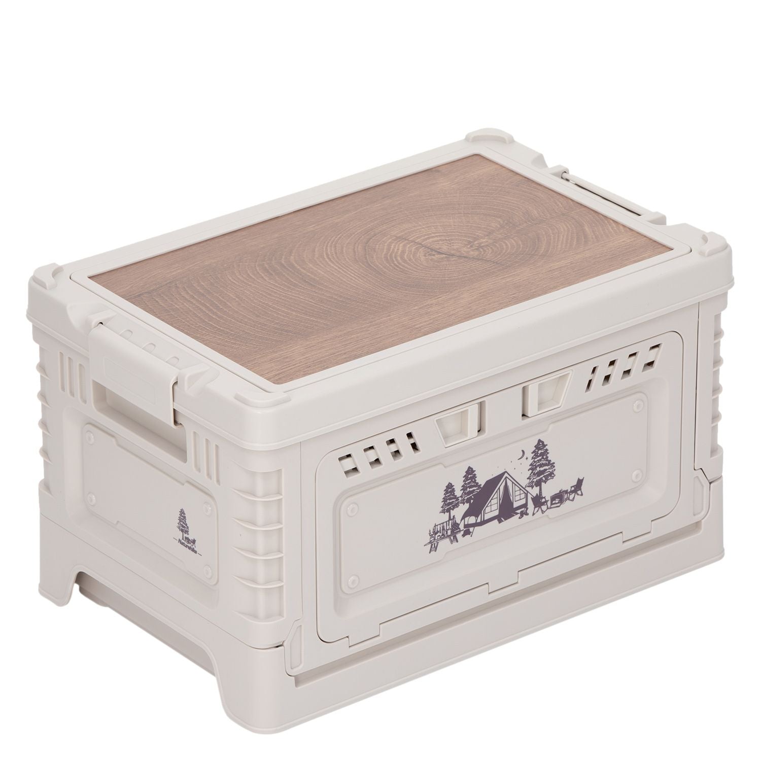 Storage box with wooden top and camping design on a white background