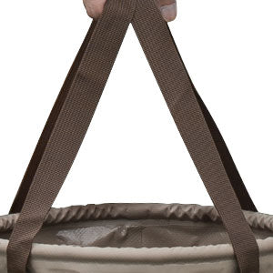 Close-up of a hanging basket with brown straps on a white background