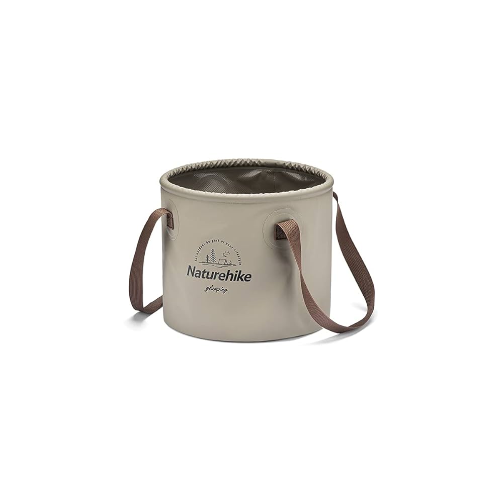 Beige camping bucket with brown handles and 'Naturehike' logo on a white background