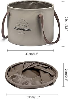Naturehike folding bucket with seat pad and dimensions displayed