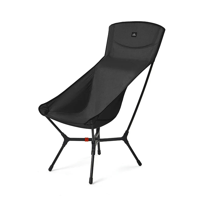 Black camping chair with a brand logo on a white background