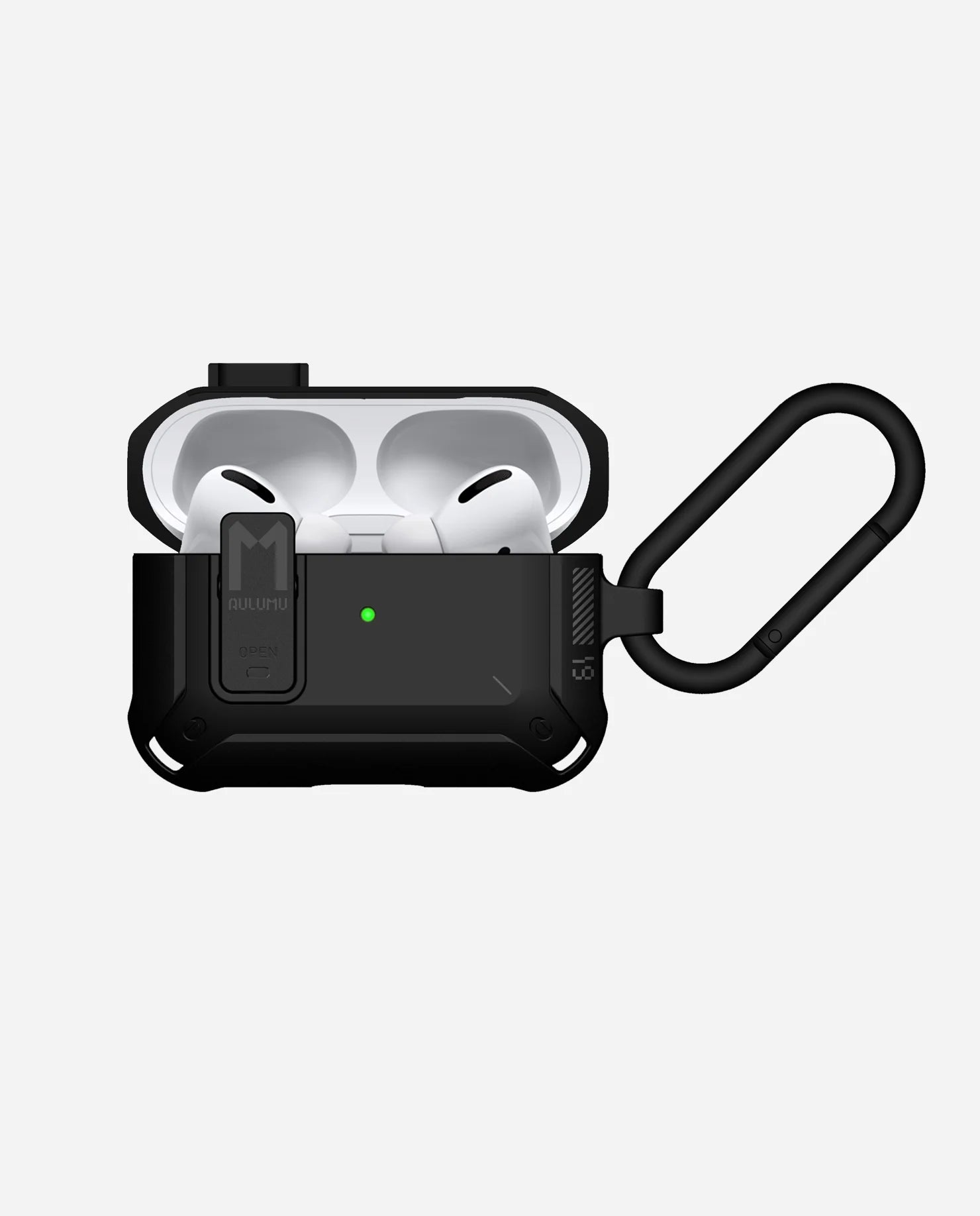 Black airpod case with a keychain on a light gray background