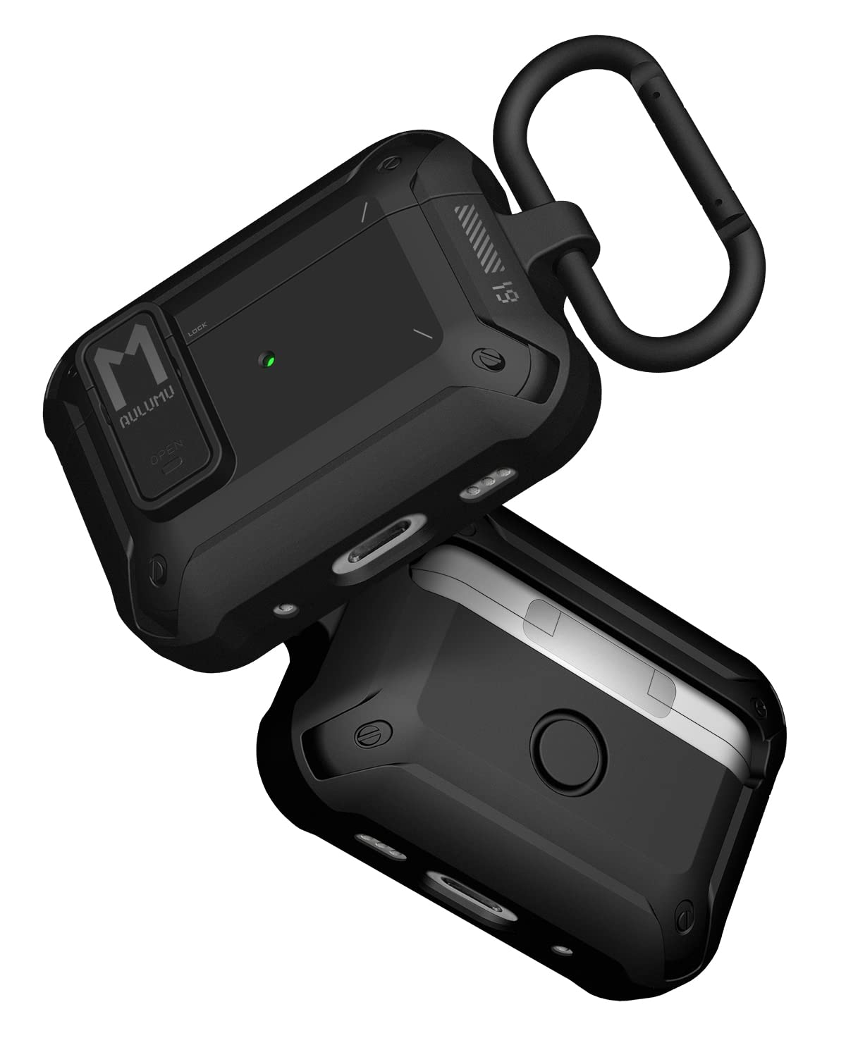 Black protective case with carabiner for electronic device on a white background