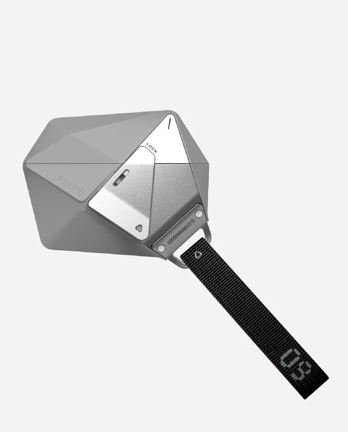 Geometrically shaped tool with a strap on a white background