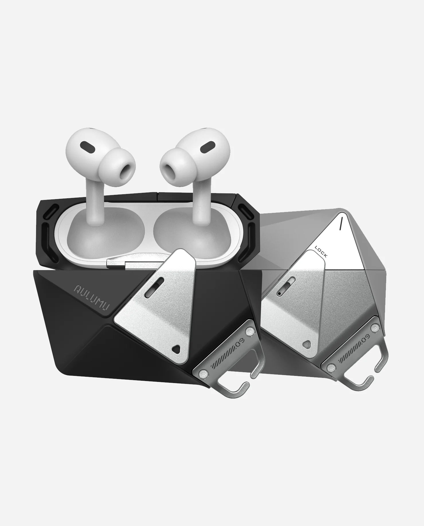 Wireless earbuds in a black triangular case with a geometric design on a white background.