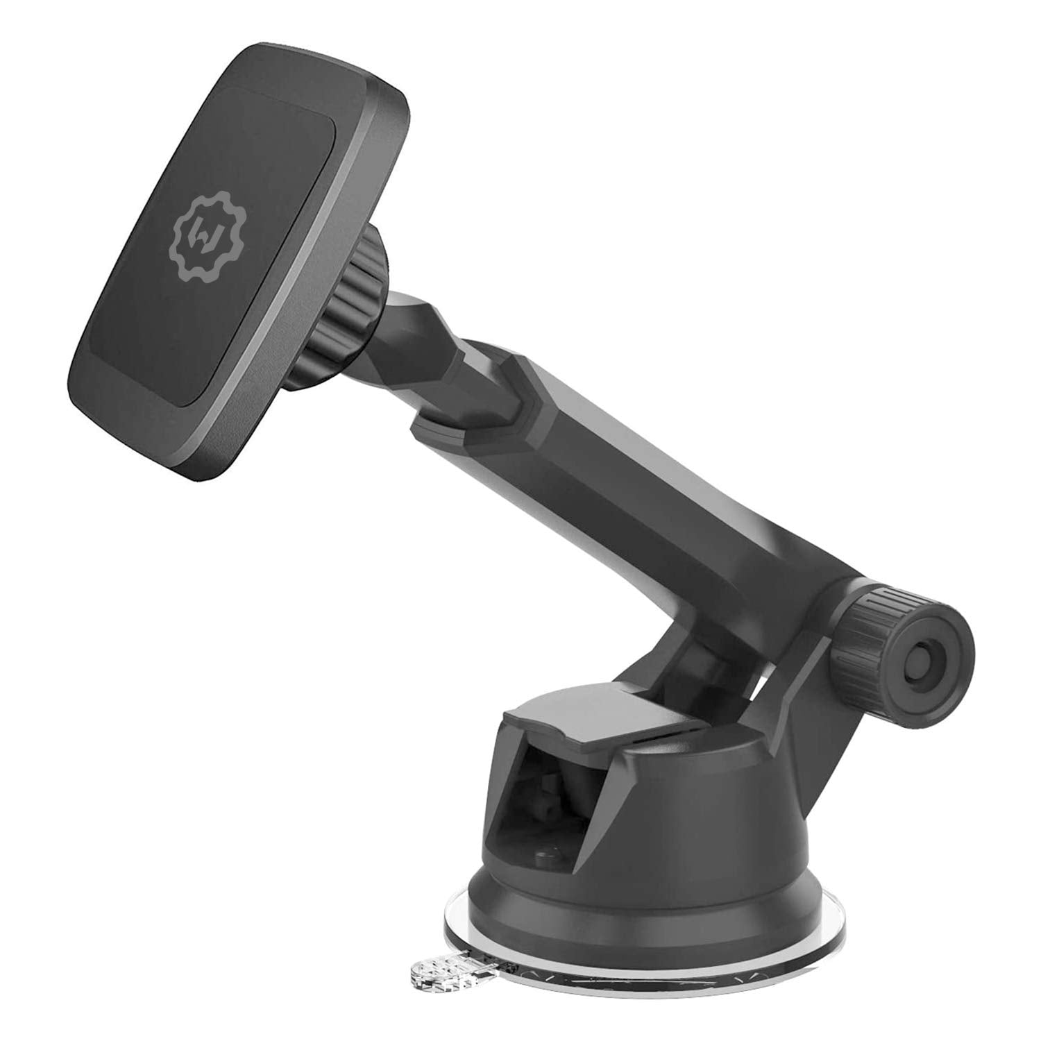 Black car phone mount with a brand logo on a white background