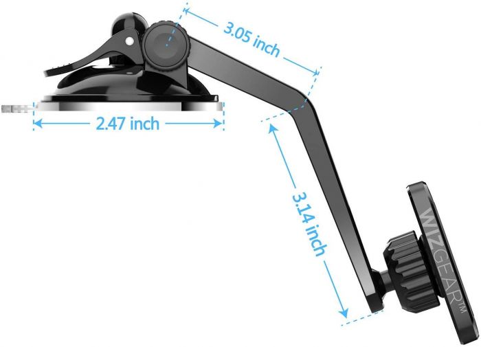 Black microphone stand with measurements labeled on a white background