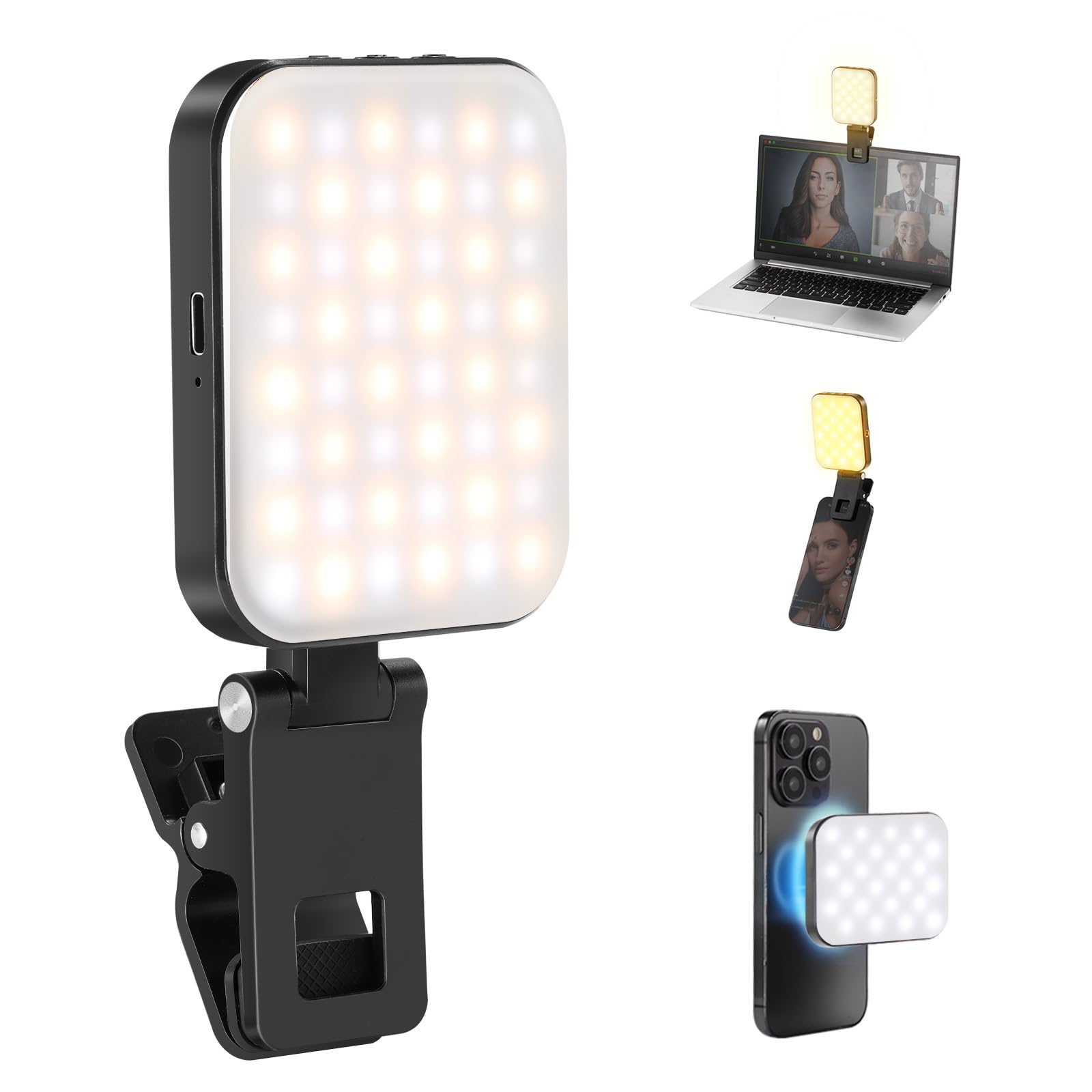 Portable LED light with various attachments on a white background