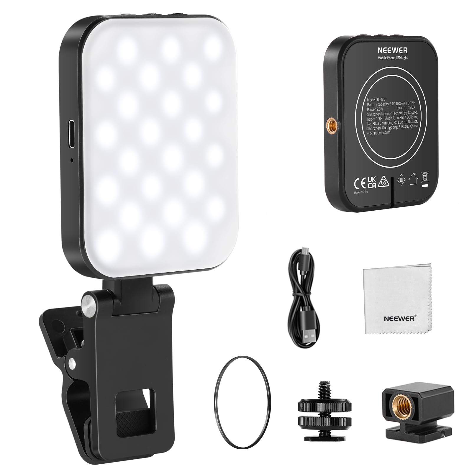 Neewer LED ring light with accessories on a white background