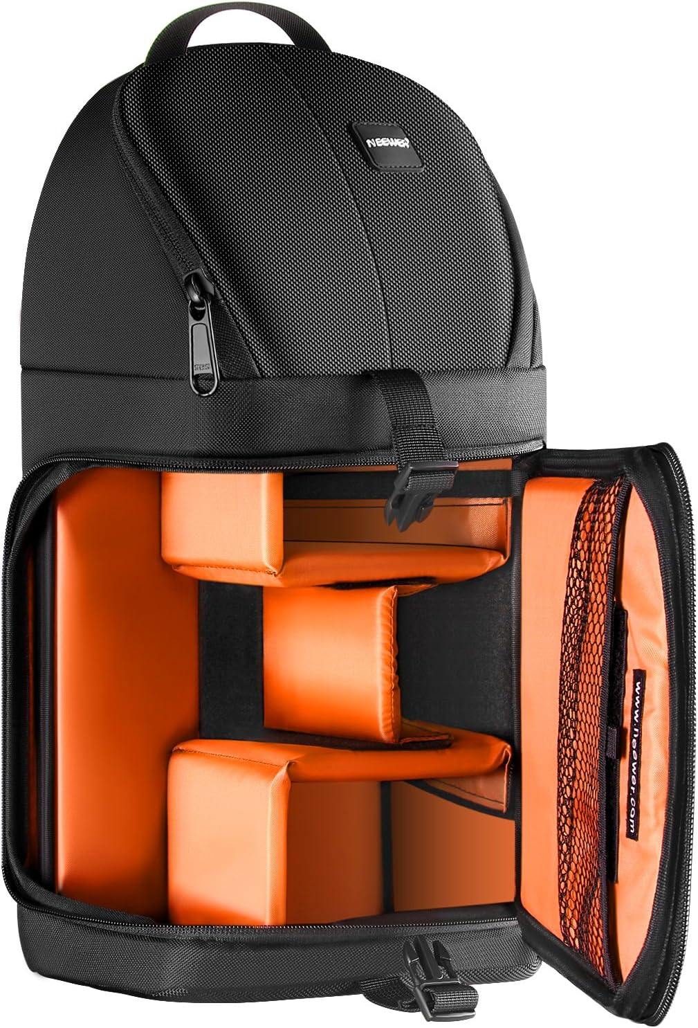 Black backpack with orange interior compartments on a white background