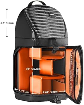 Black backpack with orange compartments and measurements on a white background