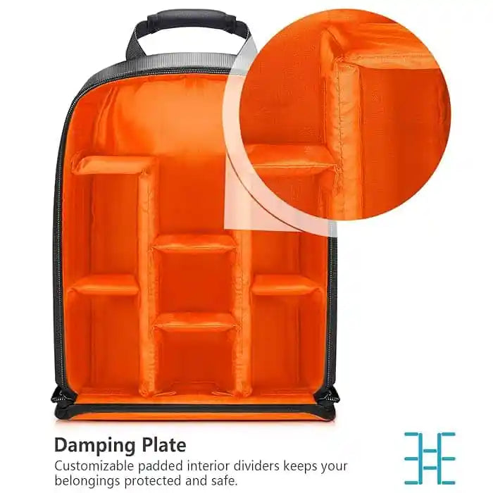 Orange backpack with customizable padded interior dividers on a white background