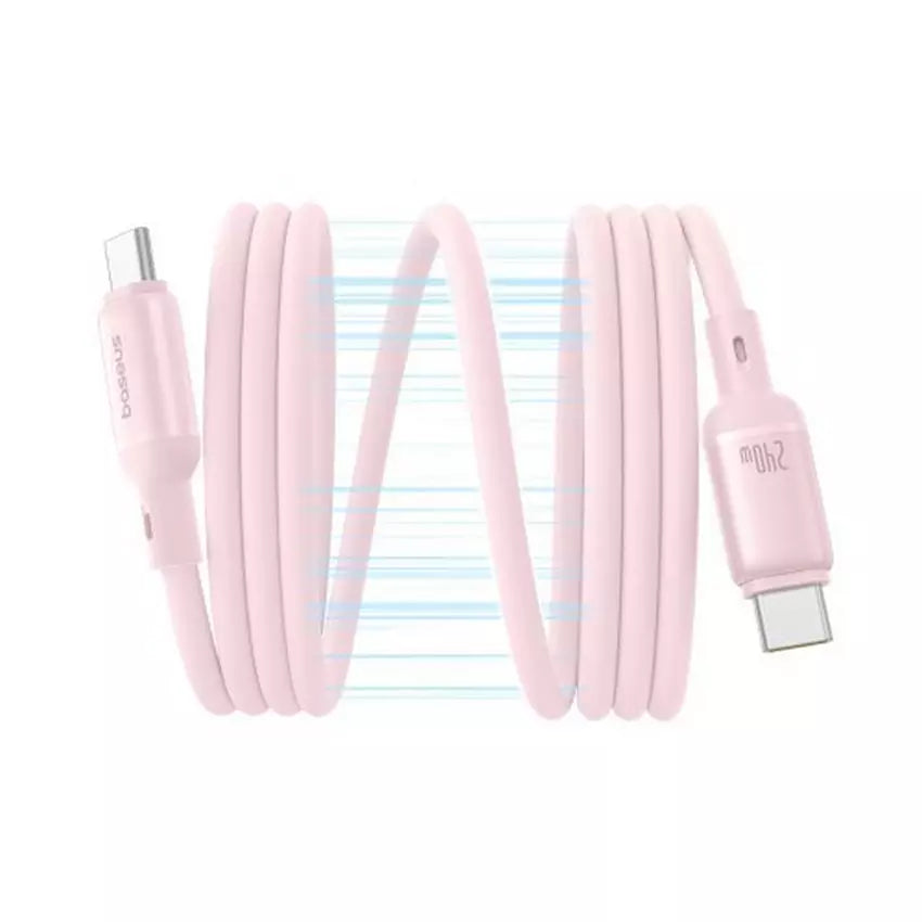 Pink charging cable with USB connectors on a white background