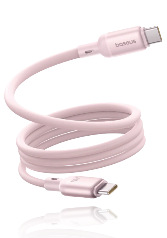 Pink USB cable with 'baseus' branding on a white background