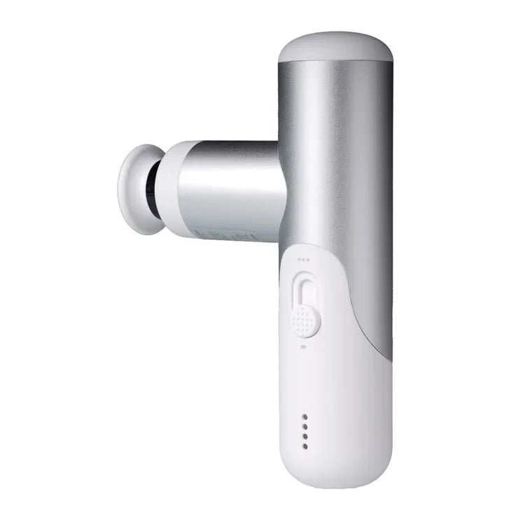 Silver and white wireless earbuds on a white background