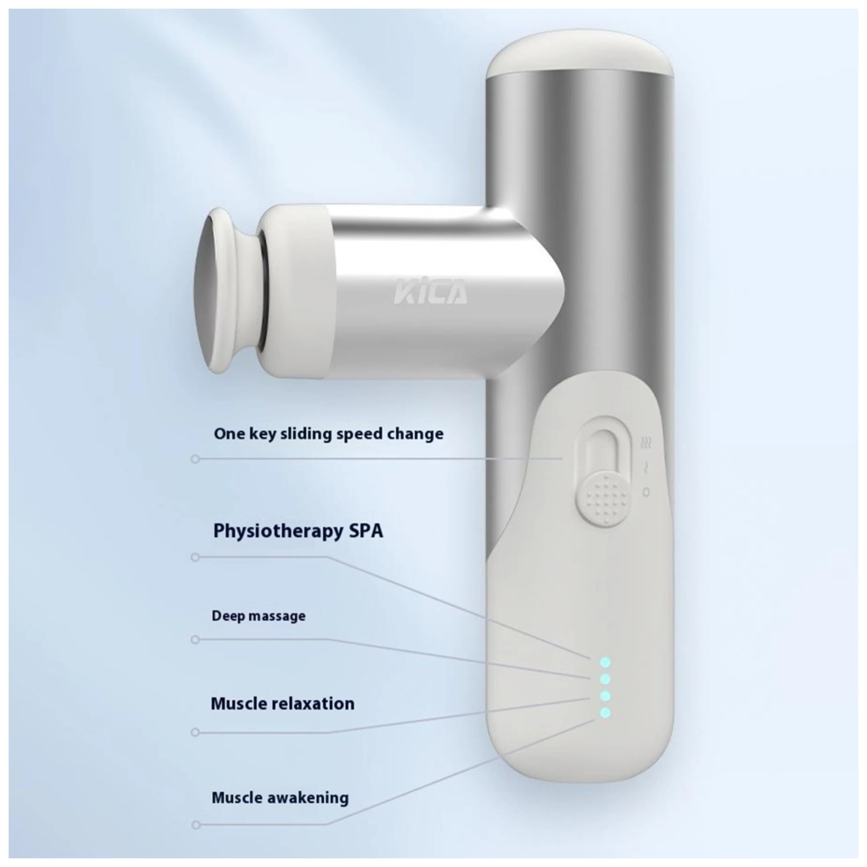 Massage gun with features listed on a light blue background