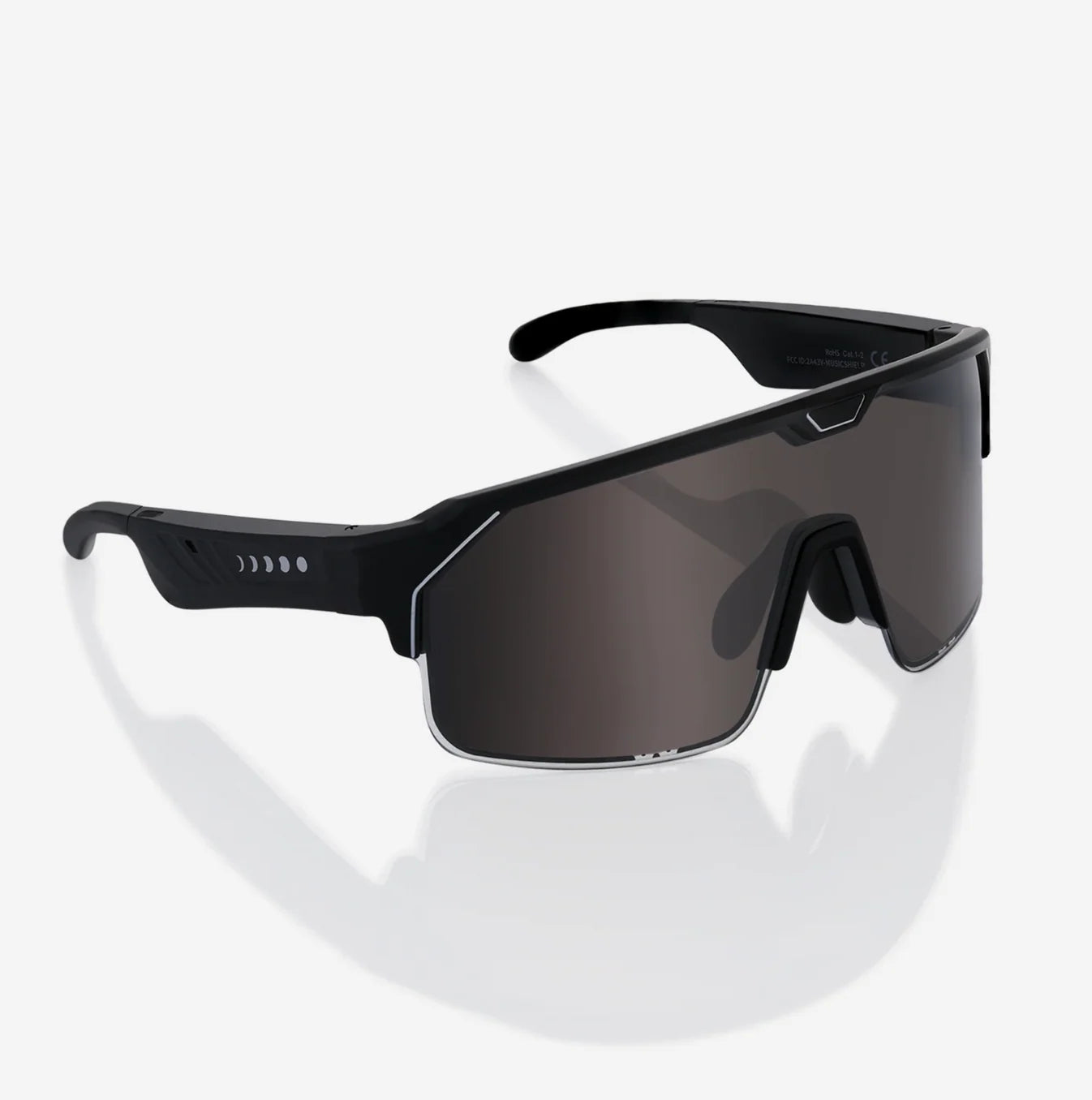 Black sunglasses with a reflective lens on a white background