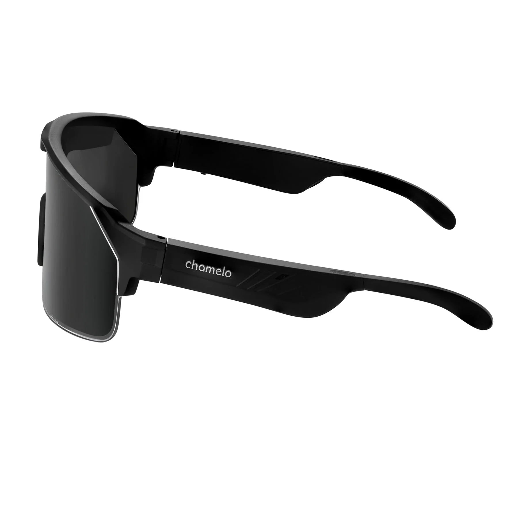 Black sunglasses with 'chamela' branding on a white background