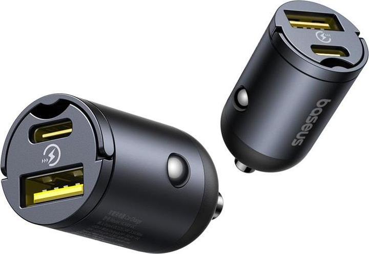 Two black car chargers with USB ports on a white background