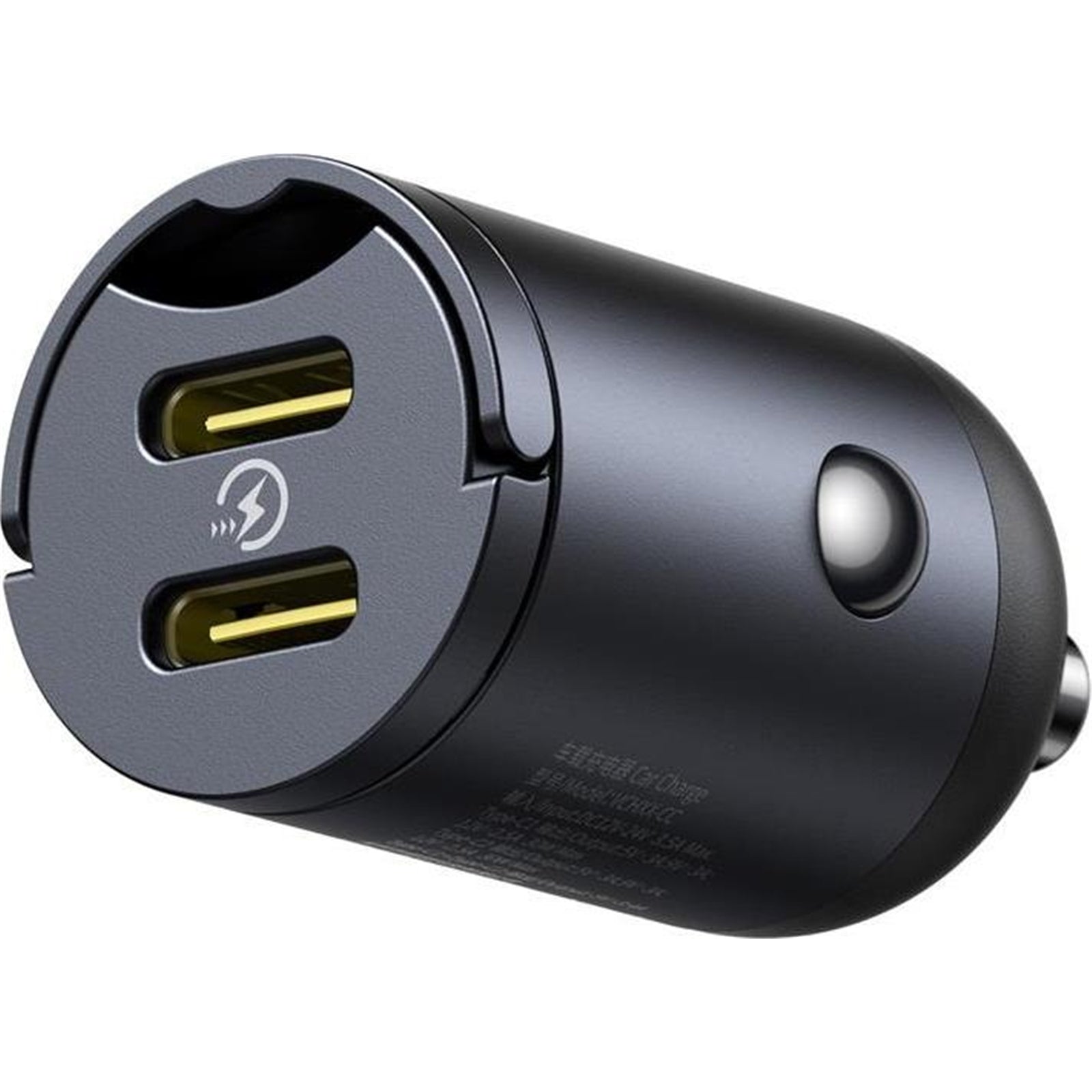 Black car charger with dual USB ports on a white background