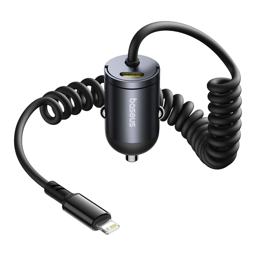 Car charger with coiled cable and USB connector on a white background