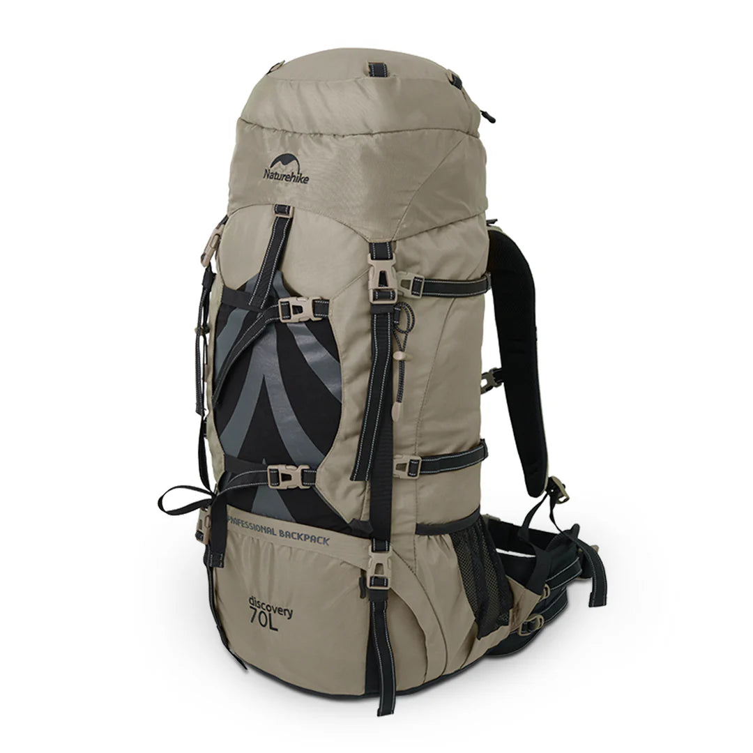 Beige hiking backpack with black straps on a white background