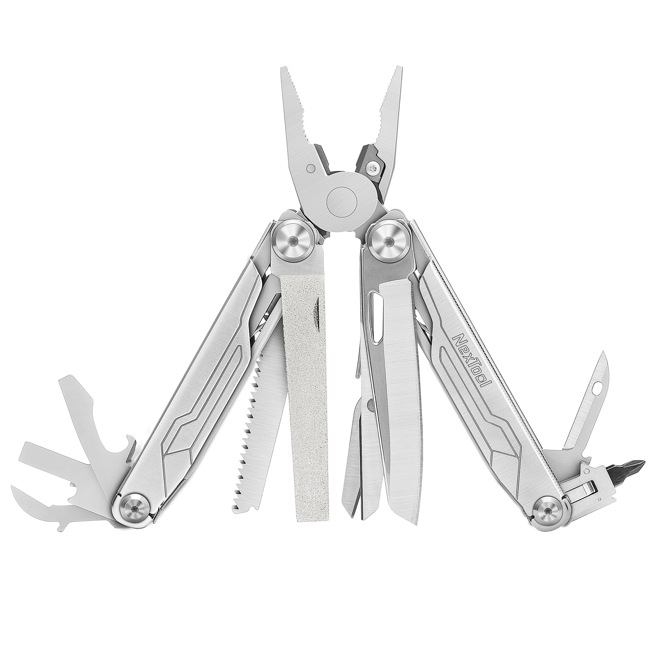 Multitool with various tools extended on a white background