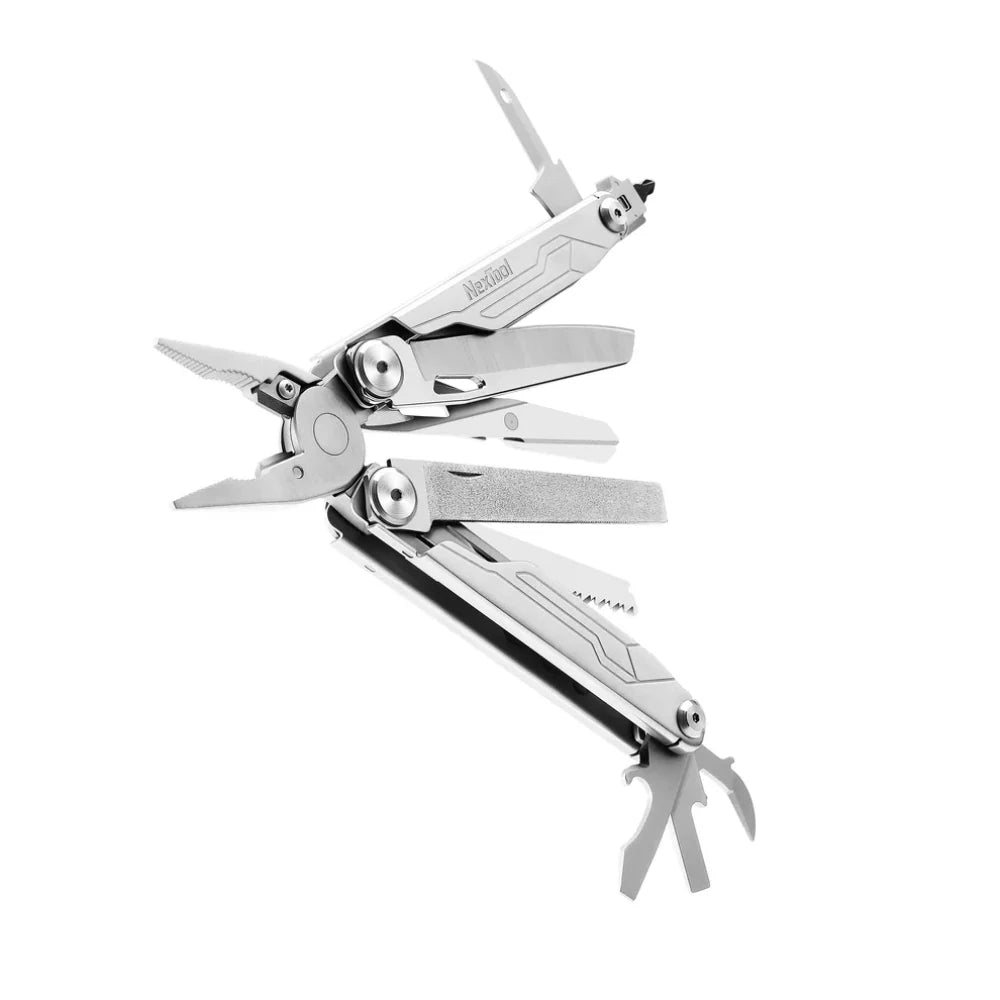 Multitool with various tools on a white background