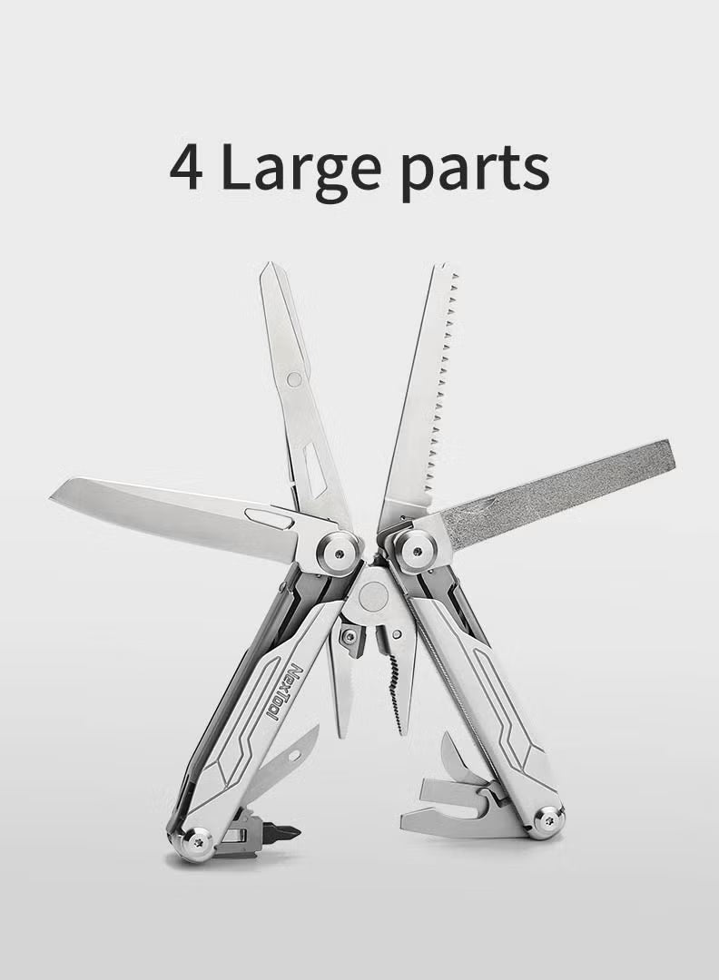 Multitool with four large parts extended on a light gray background