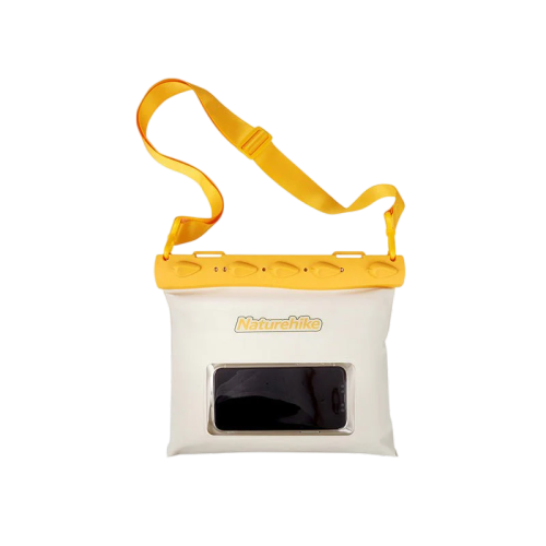 Clear pouch with yellow top and phone pocket on a white background