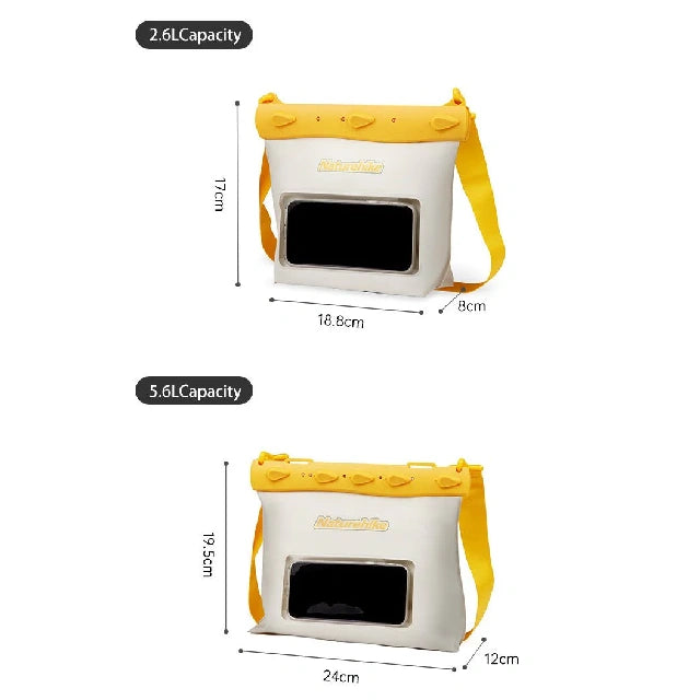Two yellow and white bags with measurements on a white background