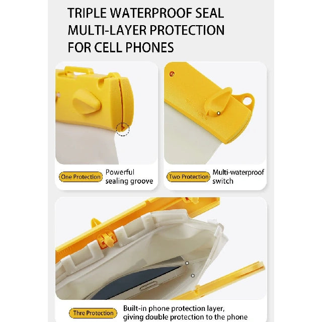 Yellow phone case with text highlighting waterproof features on a white background