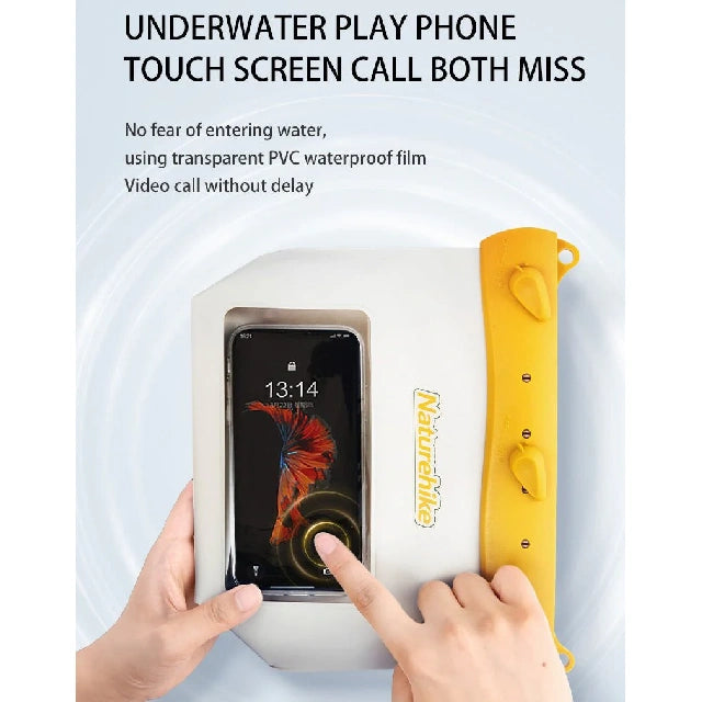 Phone case with touchscreen and waterproof feature, featuring a Huawei phone inside.