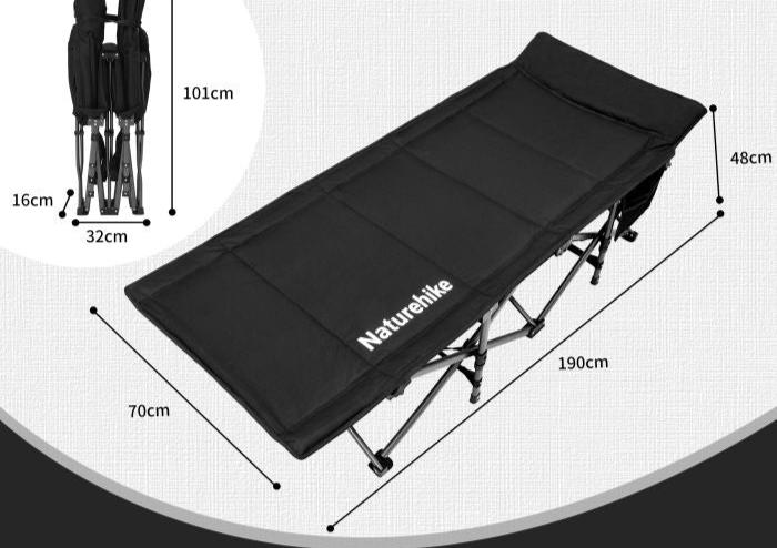 Black camping bed with dimensions labeled on a white background