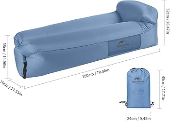 Blue inflatable sofa with dimensions and carrying bag on a white background