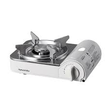 Portable gas stove with a white base and metal cooktop on a white background