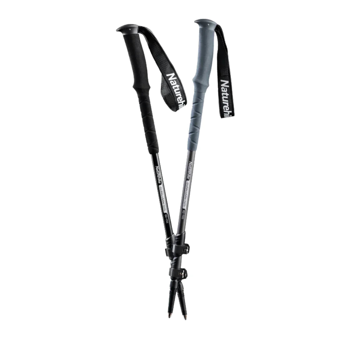Two black and gray hiking poles with 'Naturehike' branding on a white background