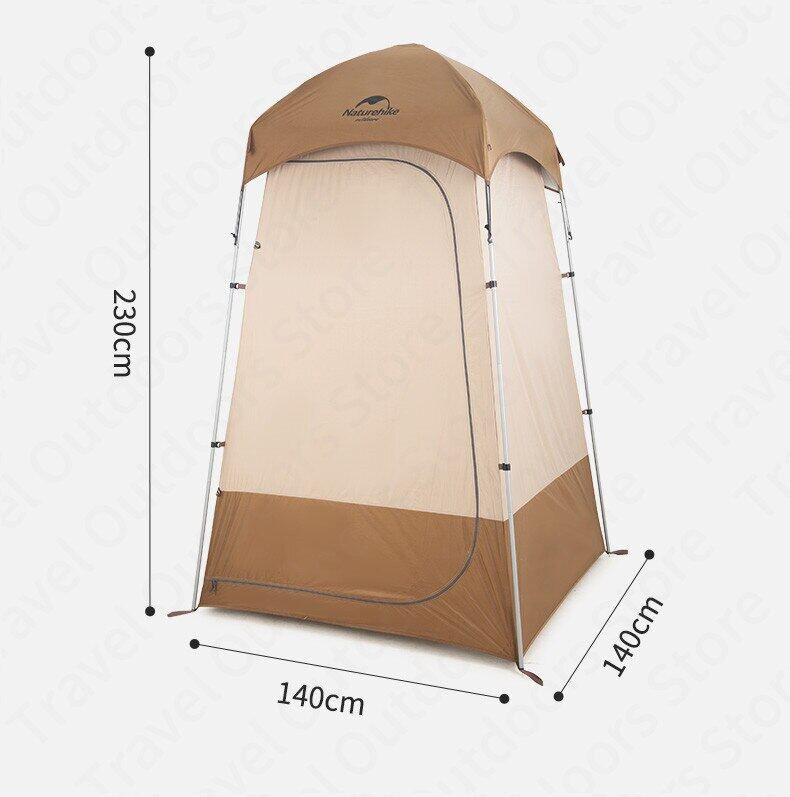 Beige and brown portable shower tent with dimensions on a white background