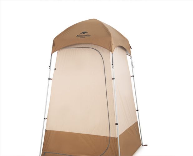 Portable shower tent with brown top and base on a white background