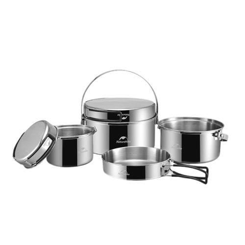 Set of stainless steel cookware with a brand logo on a white background