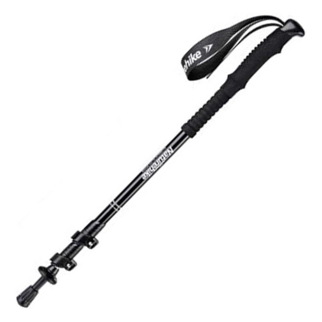 Black hiking stick with adjustable shaft on a white background