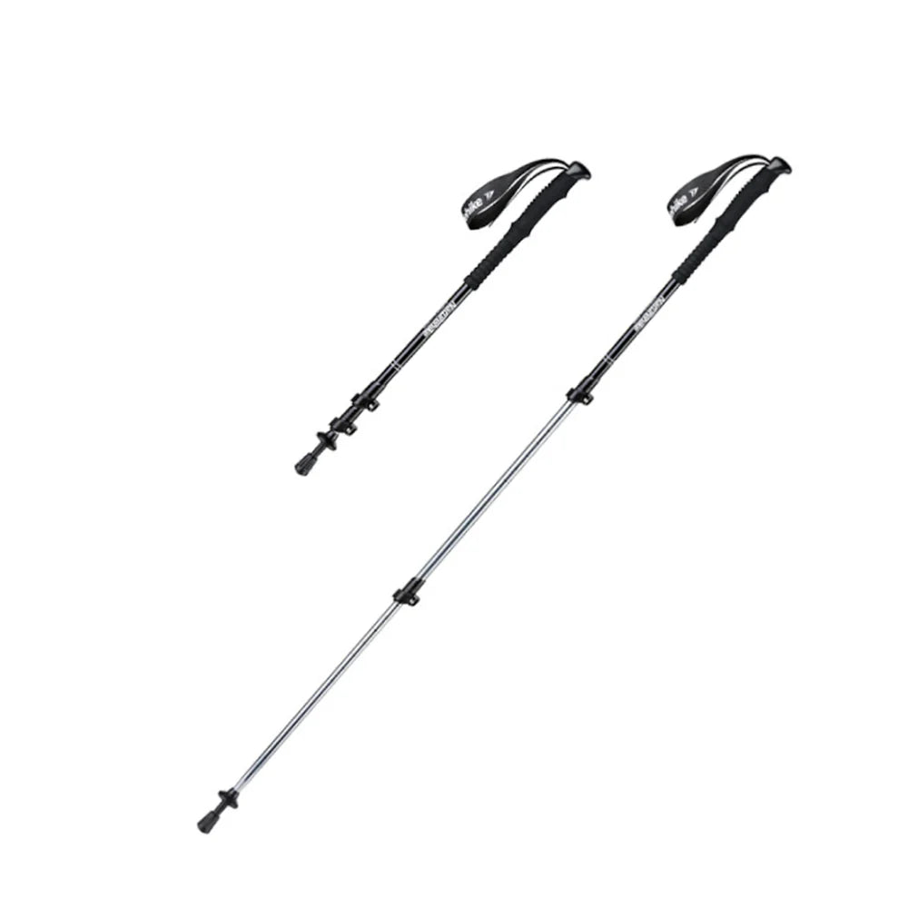 Two black hiking poles on a white background