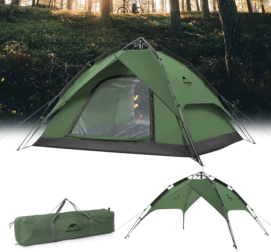 Green camping tent with a carrying bag on a white background
