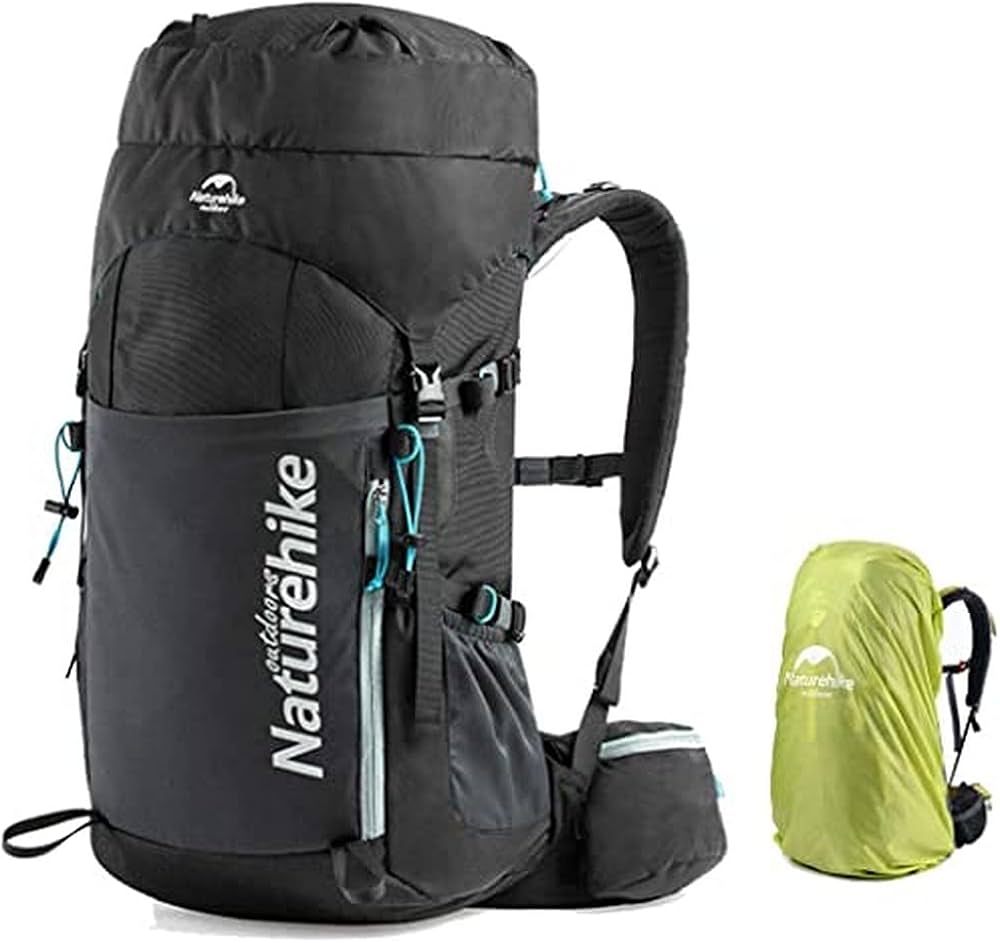 Black hiking backpack with green rain cover on a white background