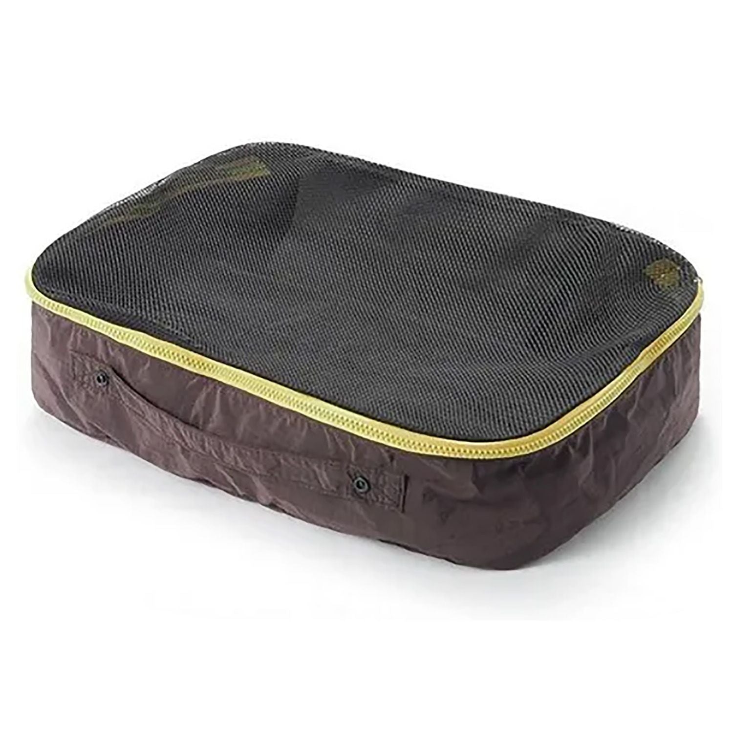 Black packing cube with yellow zipper on a white background