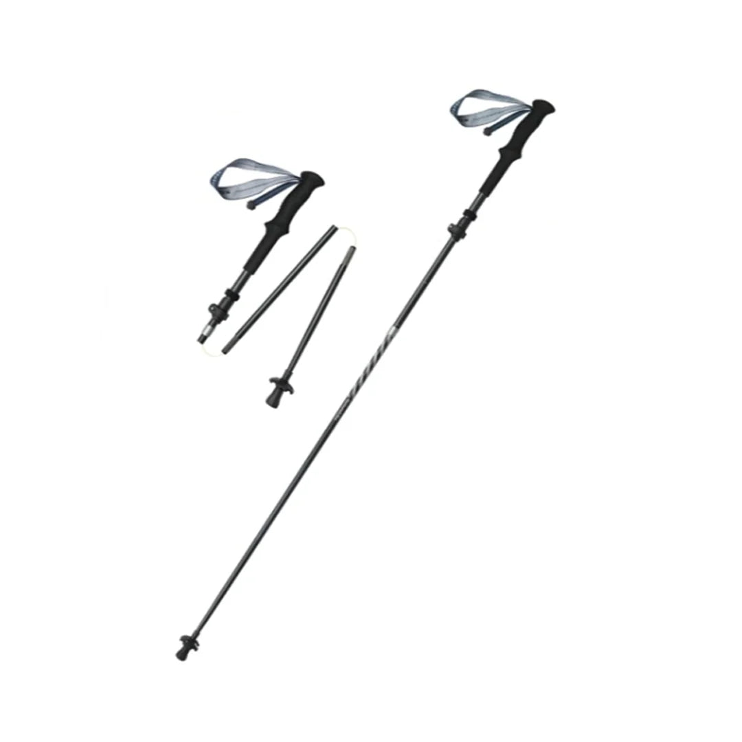 Set of black hiking poles with adjustable components on a white background