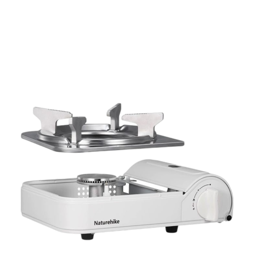 Two gas cooktops, one with a metallic finish and the other branded 'Naturehike' on a white background.