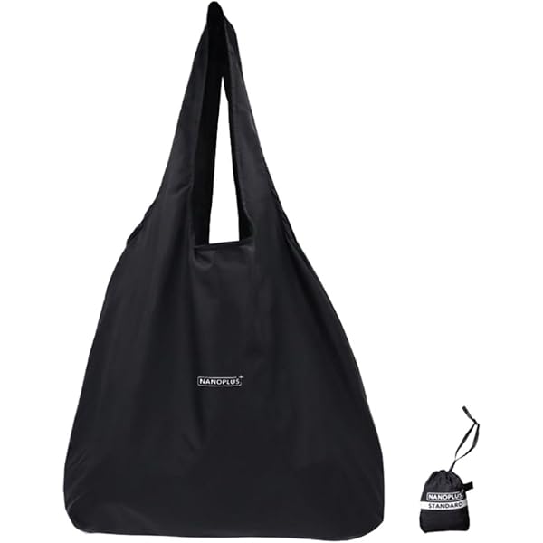 Black reusable shopping bag with 'NANPLUS' logo on a white background